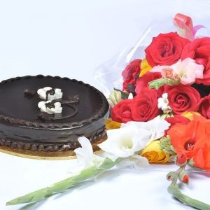 Chocolate Cake with Medium Flower Bouquet