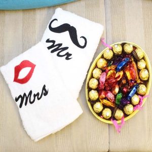 Towel pair with chocolate basket gift